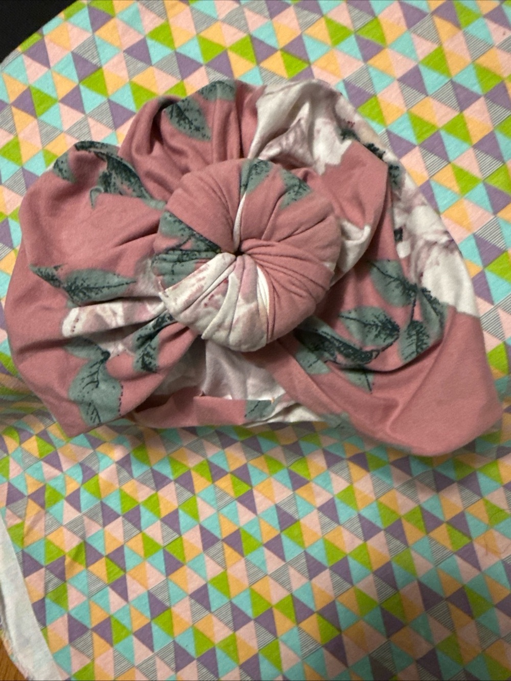 Girls Pink Floral Knot Turban Hat - Stretchy Knit Kids Headwrap